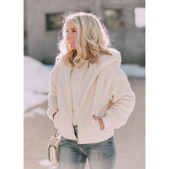 Scoop Jackets & Blazers - Scoop Cream Sherpa Fleece Teddy Bear Jacket Hooded Zip Up Bomber Style Small Y2K